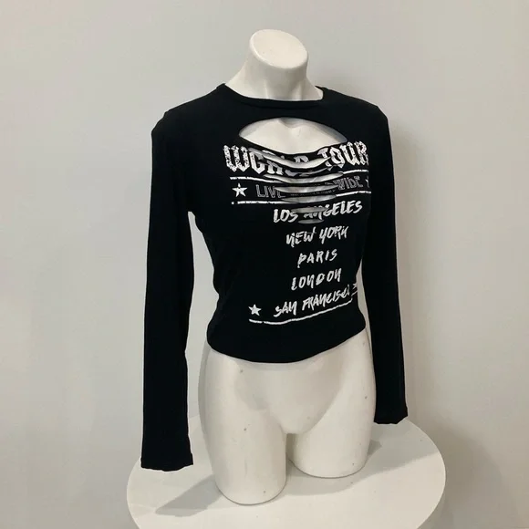 NEW Fashion Nova World Tour LA NY London Paris🌆 Black Laser Cut T Shirt L - Picture 9 of 16